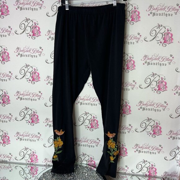 April Cornell tights Black Orange Leggings pants bird flowers embroidered